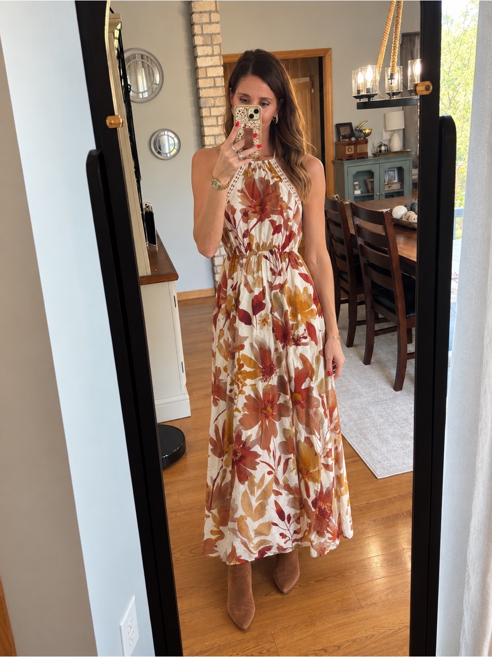 Cupshe Cream Halter Maxi Dress with Rust & Mustard Floral
